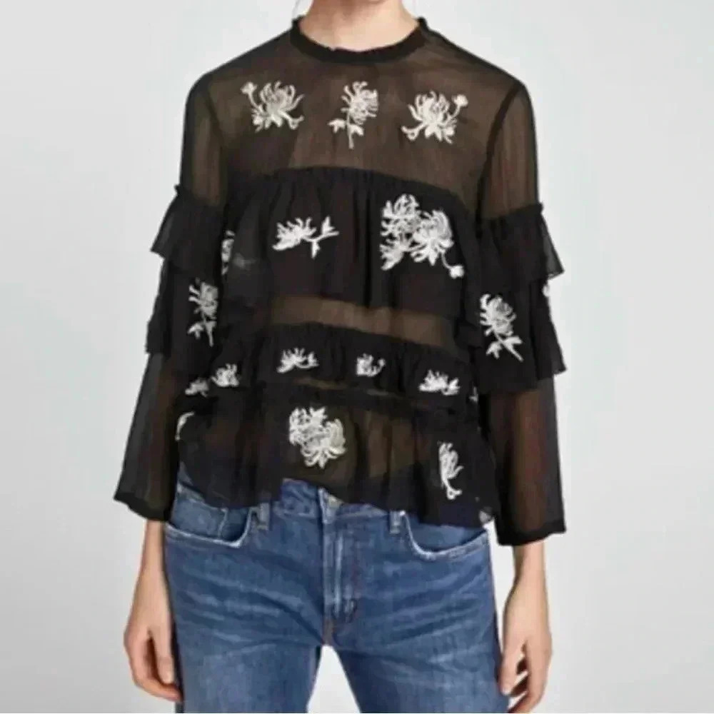 Zara RARE Embroidered Floral Black Tiered Blouse Too Size XS NWT - Picture 7 of 14
